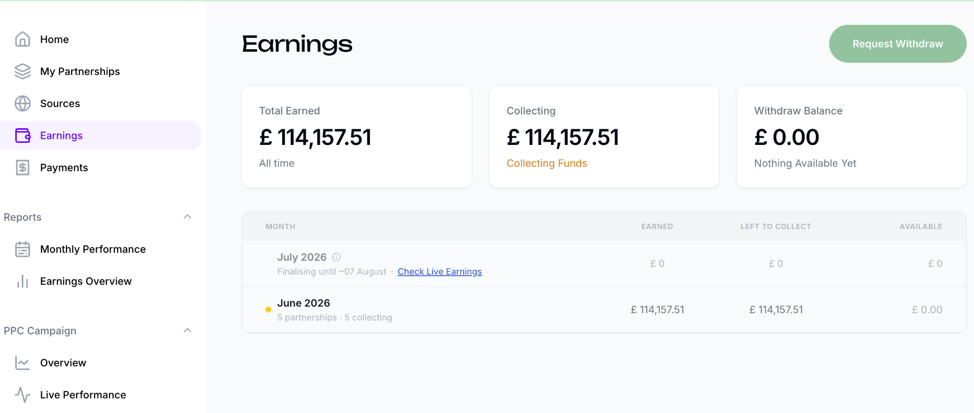 Wallet balance and withdrawal screen