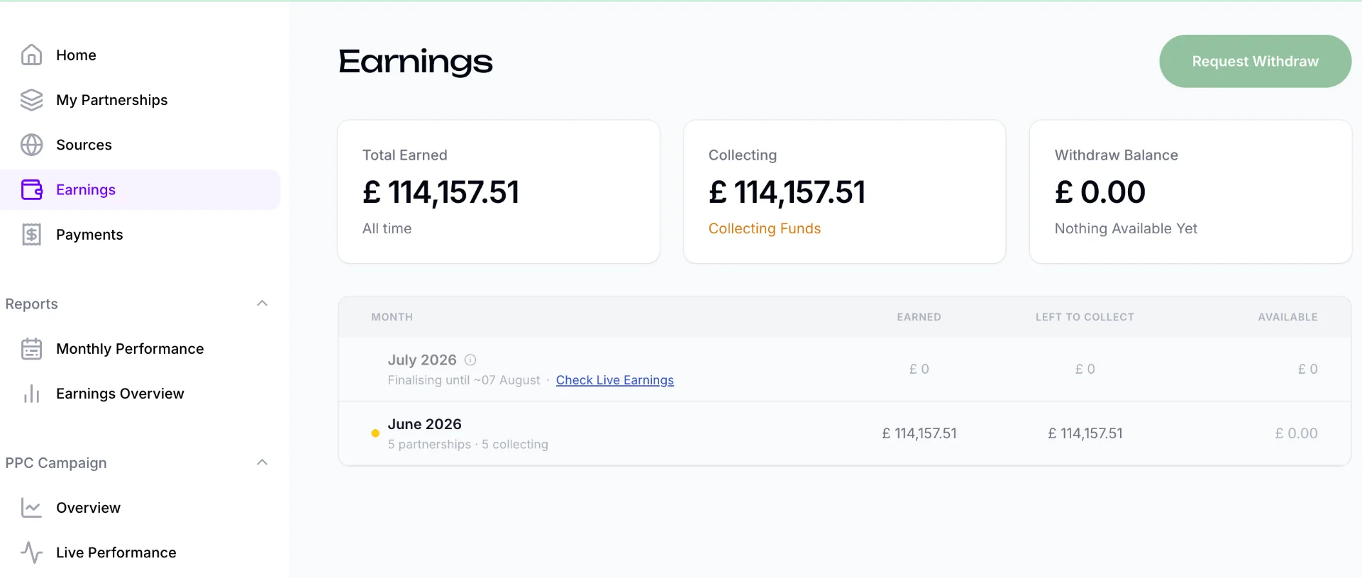 Wallet balance and withdrawal screen